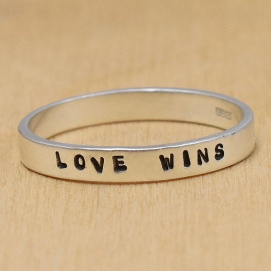 Love Wins Hand Stamped Sterling Silver Ring